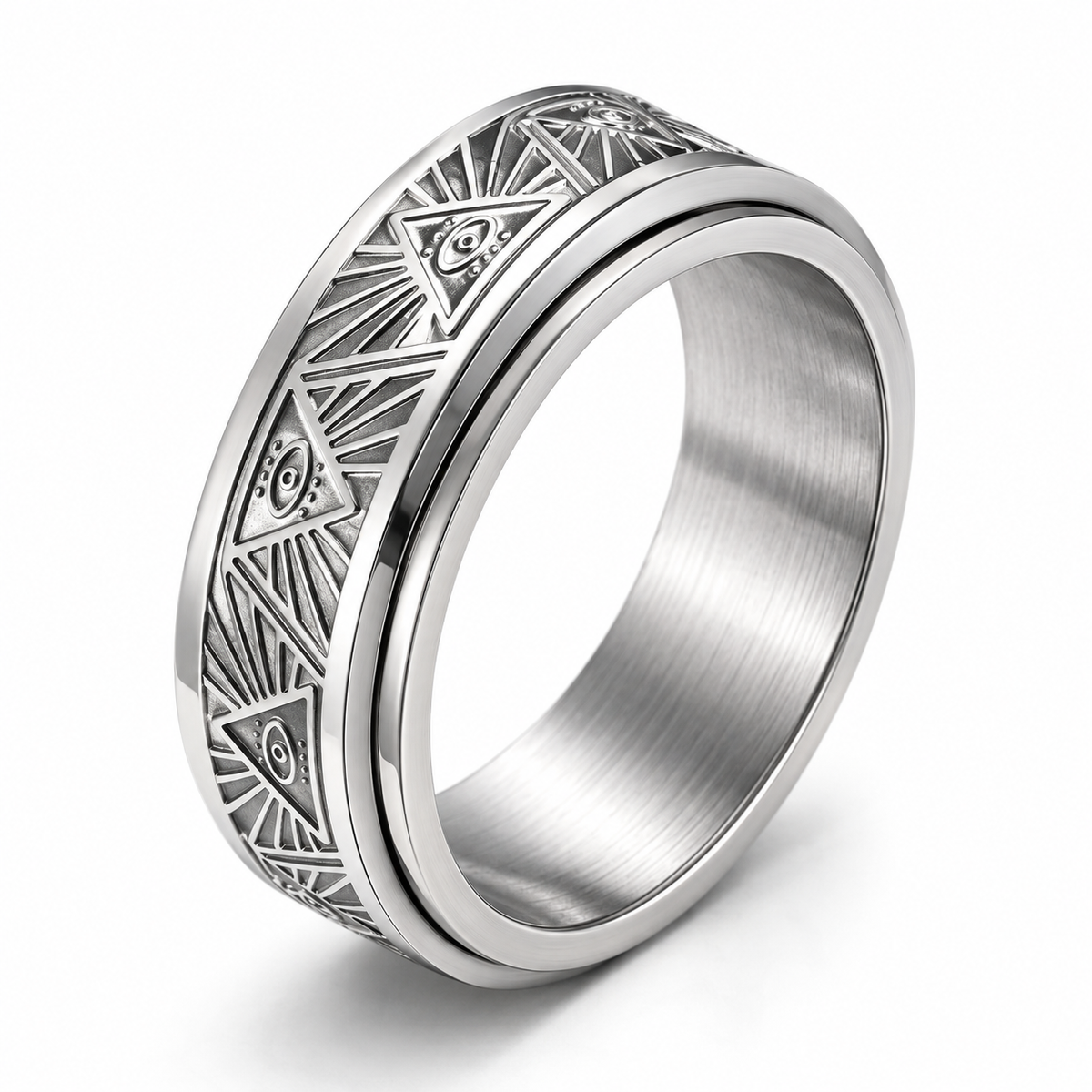 Bague anti-stress anneau tournant Œil Omniscient, anneau tournant ciselé d’yeux dans des triangles rayonnants