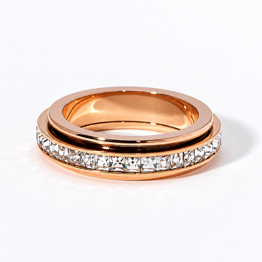 Bague anti-stress anneau tournant Orné dorée, anneau tournant serti d’une rangée de pierres carrées