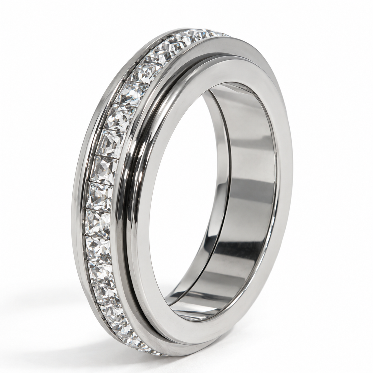 Bague anti-stress anneau tournant Orné, anneau tournant serti d’une rangée de pierres carrées