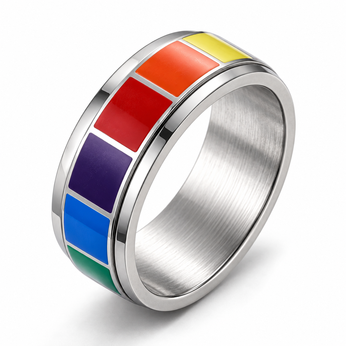 Bague anti-stress anneau tournant Palette, anneau tournant à grands carrés émaillés arc-en-ciel