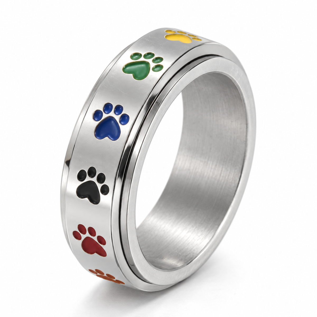 Bague anti-stress anneau tournant Patte De Chat argentée, anneau tournant orné d’empreintes de pattes de chat multicolores