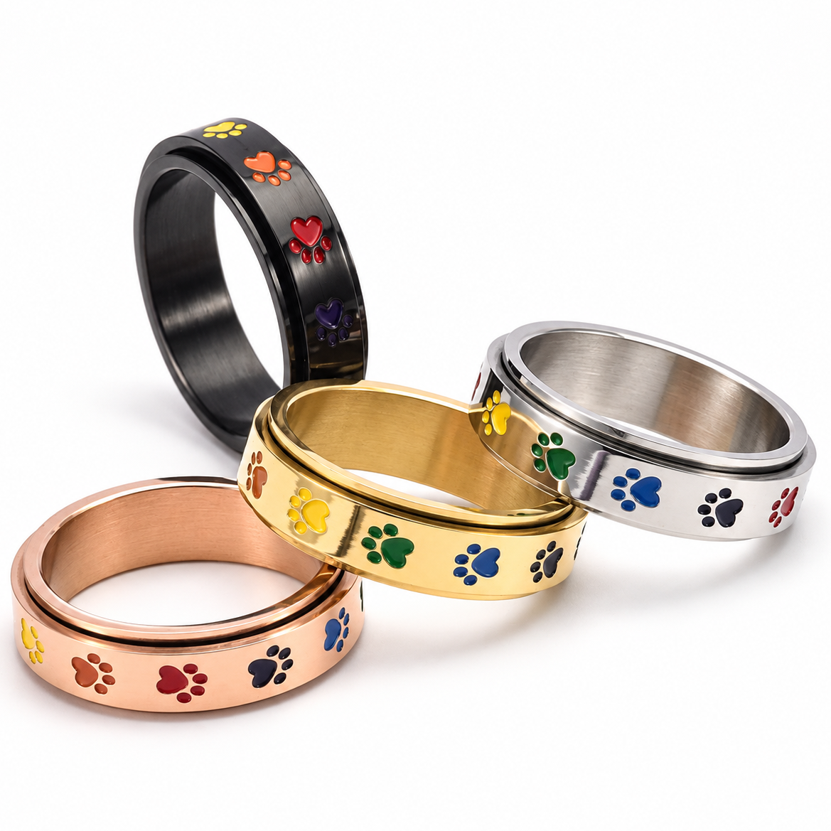 Bague anti-stress anneau tournant Patte De Chat, anneau tournant orné d’empreintes de pattes de chat multicolores