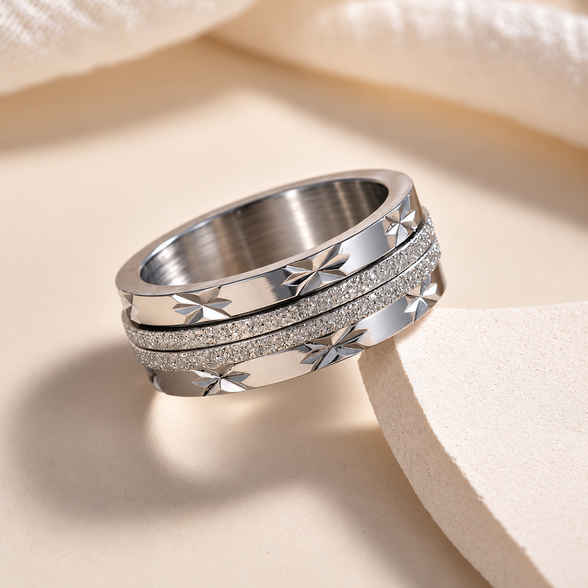 Bague anti-stress anneau tournant Queen, anneau tournant à étoiles taillées et deux rangs pailletés