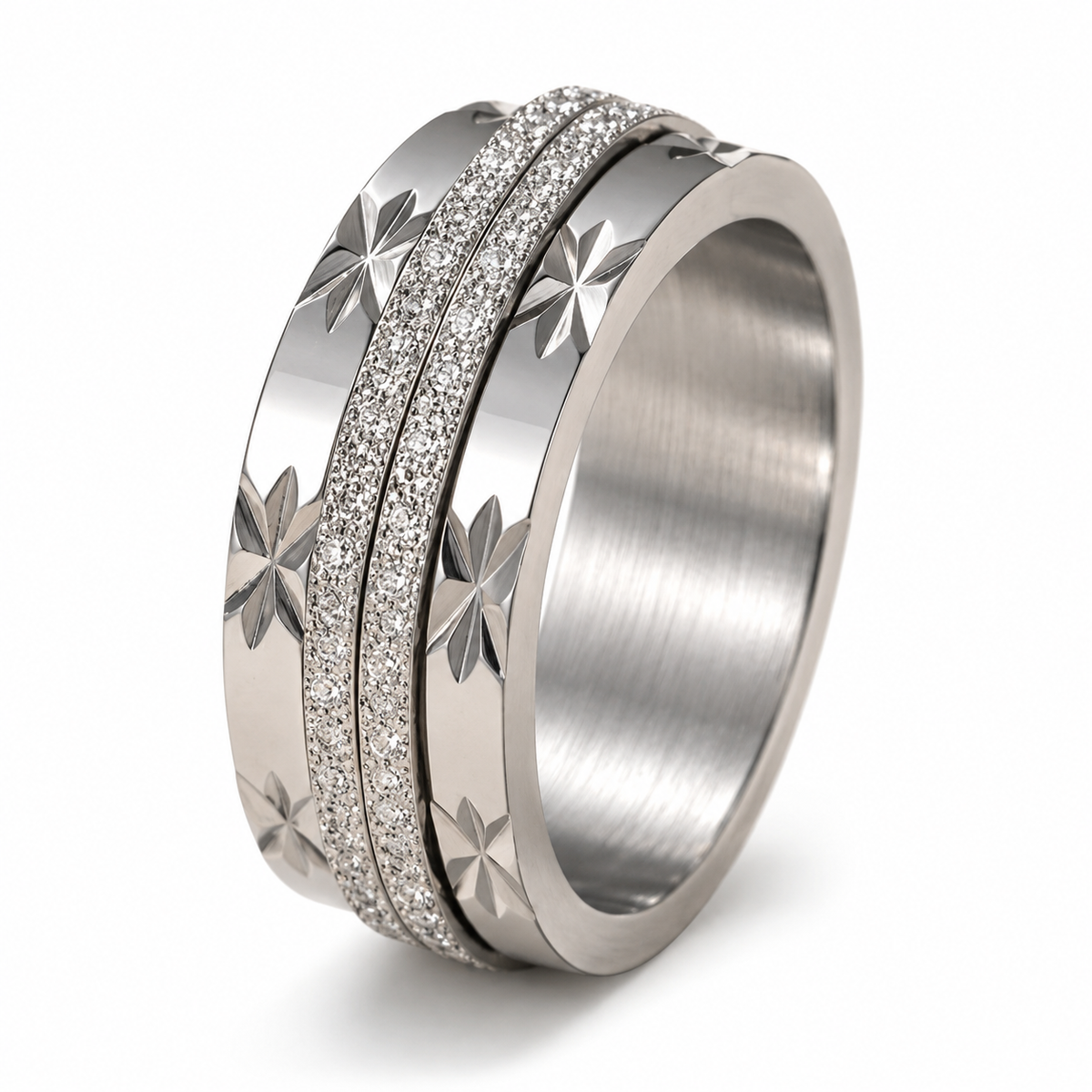 Bague anti-stress anneau tournant Queen, anneau tournant à étoiles taillées et deux rangs pailletés