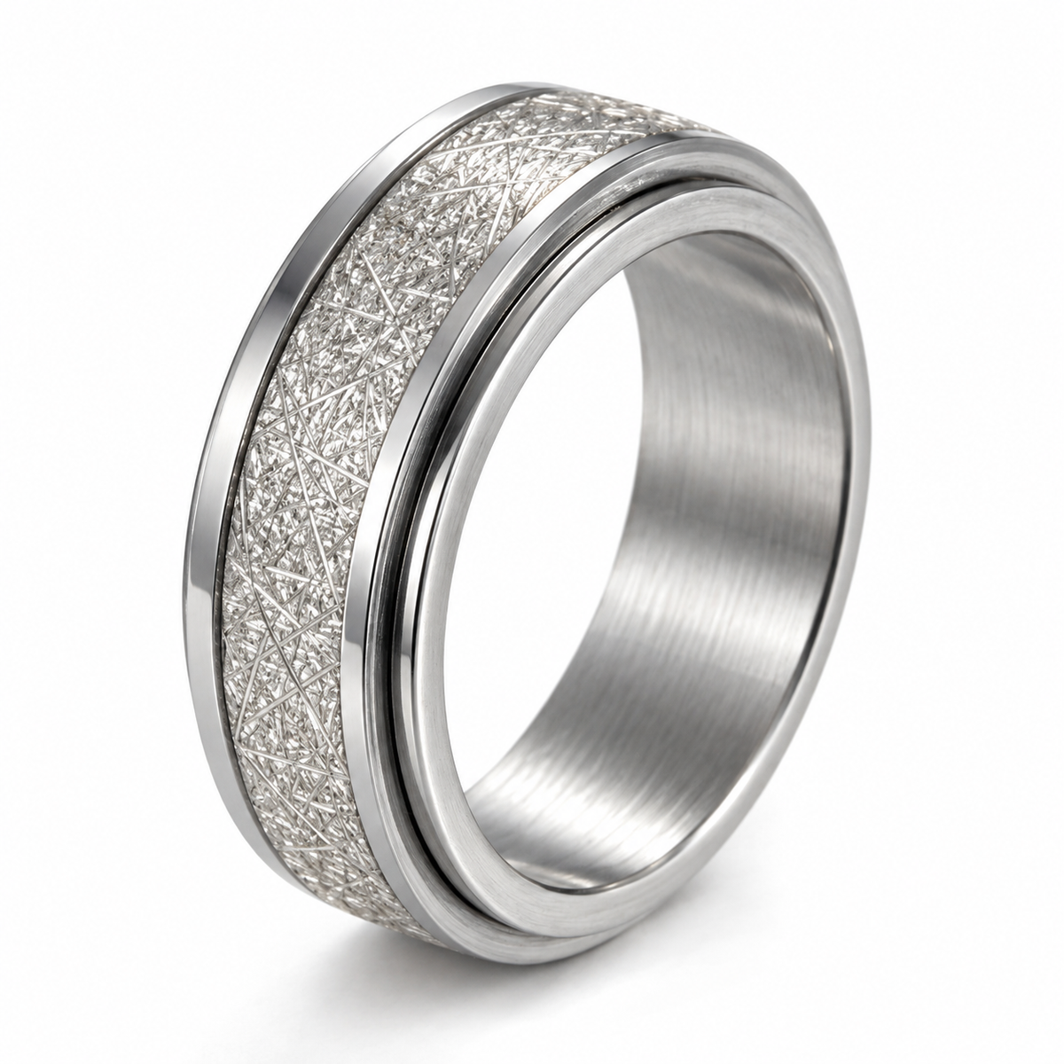 Bague anti-stress anneau tournant Rayure argentée, anneau tournant à texture griffée