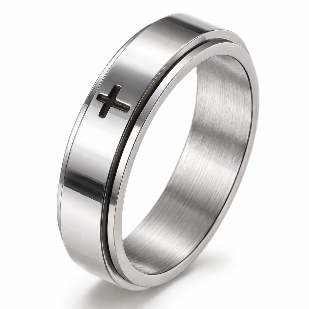 Bague anti-stress anneau tournant Sainte Croix, anneau tournant lisse gravé d’une croix