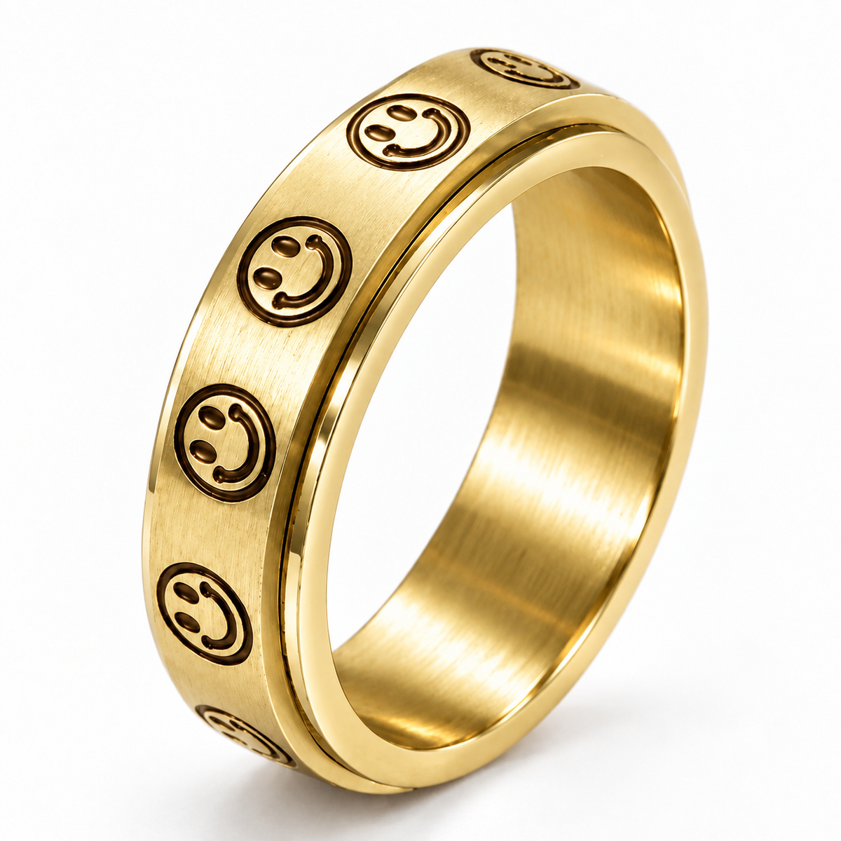 Bague anti-stress anneau tournant Smile dorée, anneau tournant brossé gravé de smileys