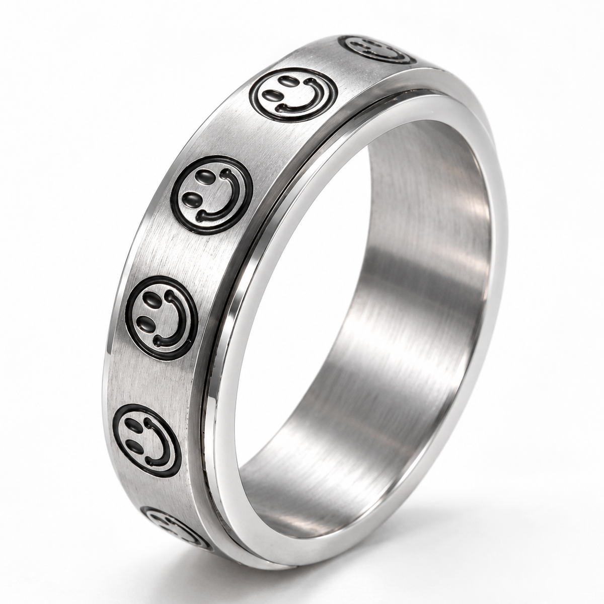 Bague anti-stress anneau tournant Smile, anneau tournant brossé gravé de smileys