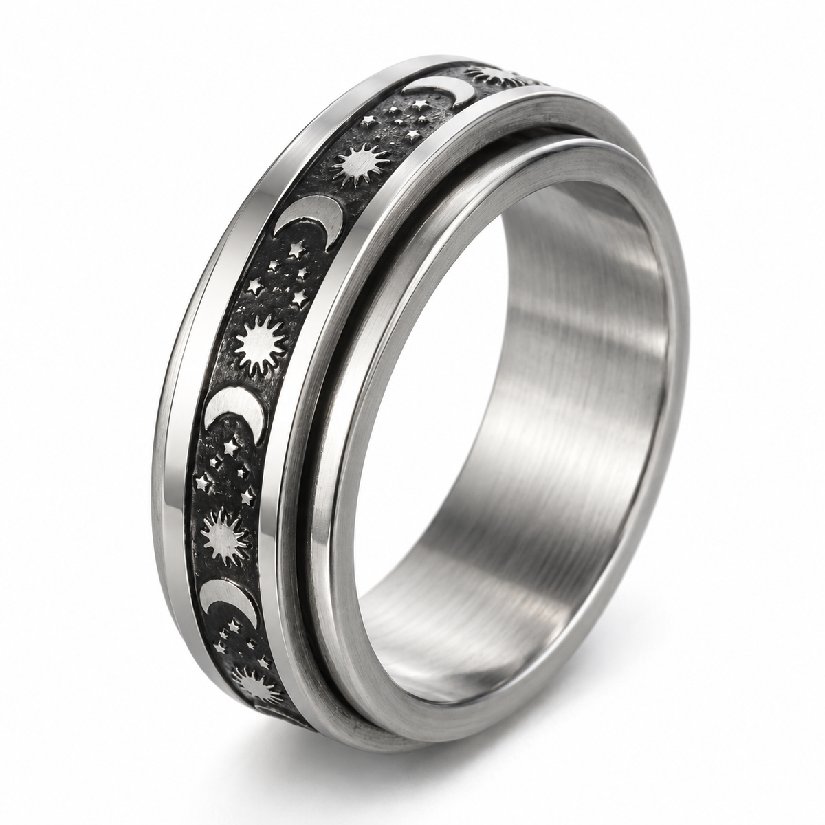Bague anti-stress anneau tournant Soleil Luné, anneau tournant noir orné de soleils, lunes et étoiles argentés