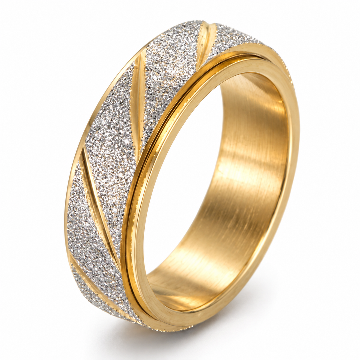Bague anti-stress anneau tournant Strie dorée, anneau tournant pailleté strié de lignes en diagonale