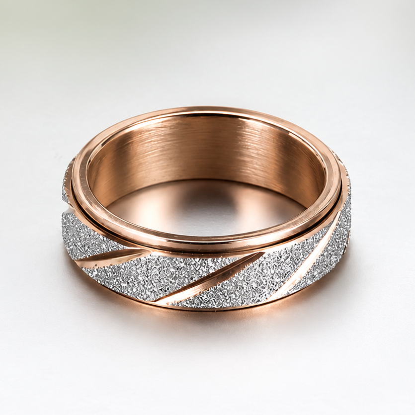 Bague anti-stress anneau tournant Strie rose gold, anneau tournant pailleté strié de lignes en diagonale