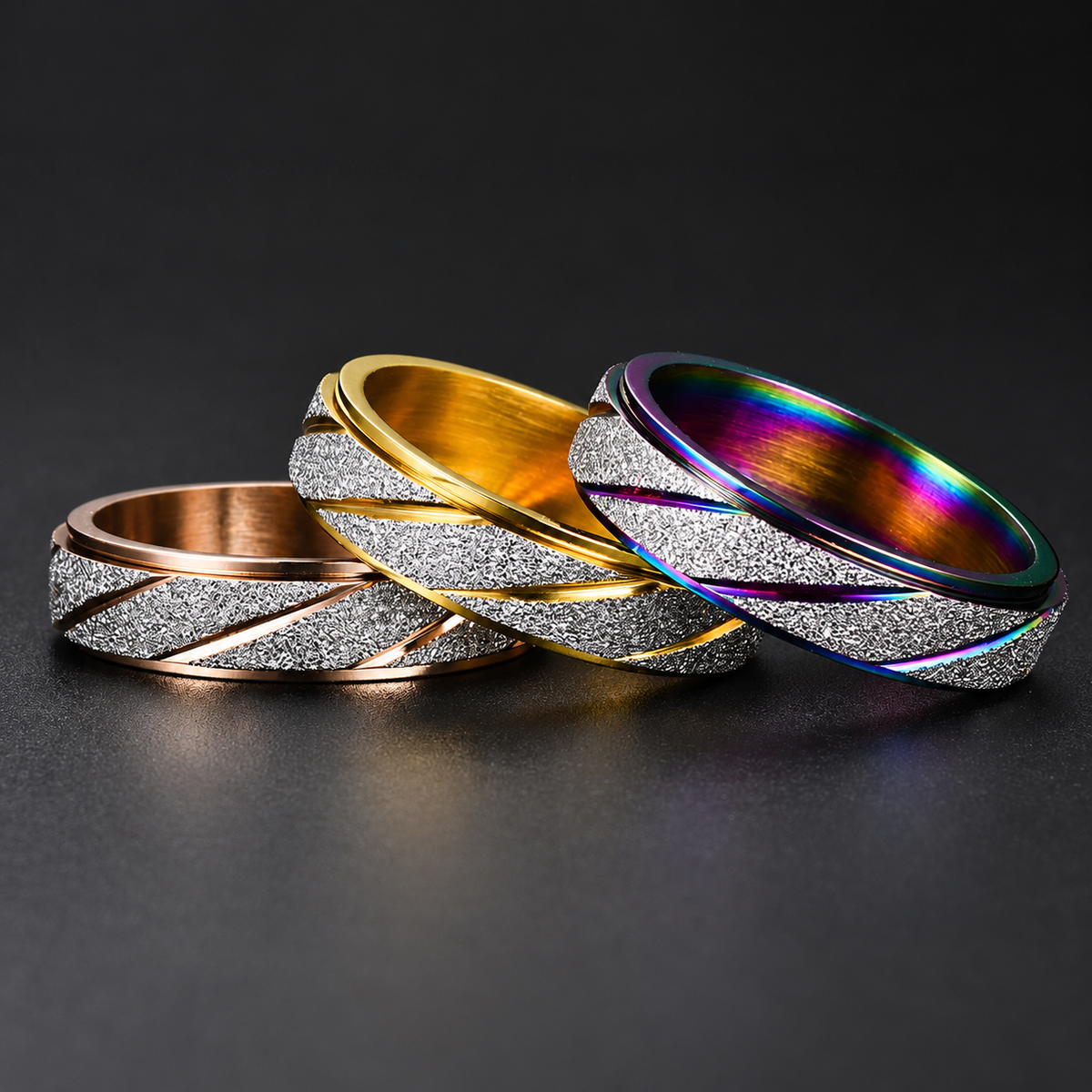 Bague anti-stress anneau tournant Strie, anneau tournant pailleté strié de lignes en diagonale, dans tous ses coloris