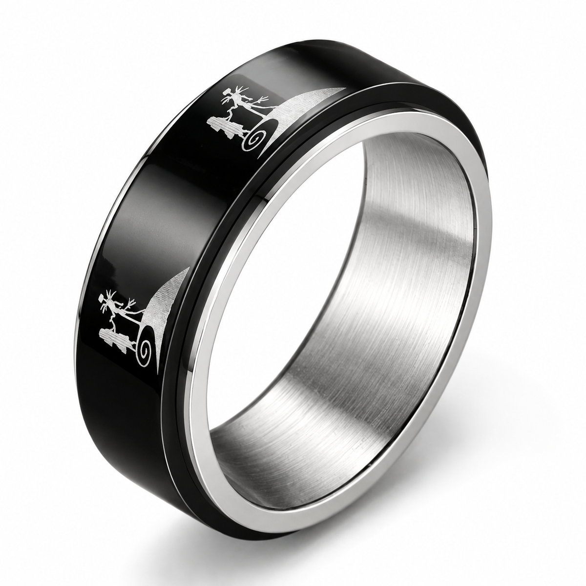 Bague anti-stress anneau tournant Union, anneau tournant noir orné de silhouettes de couple sous un arbre