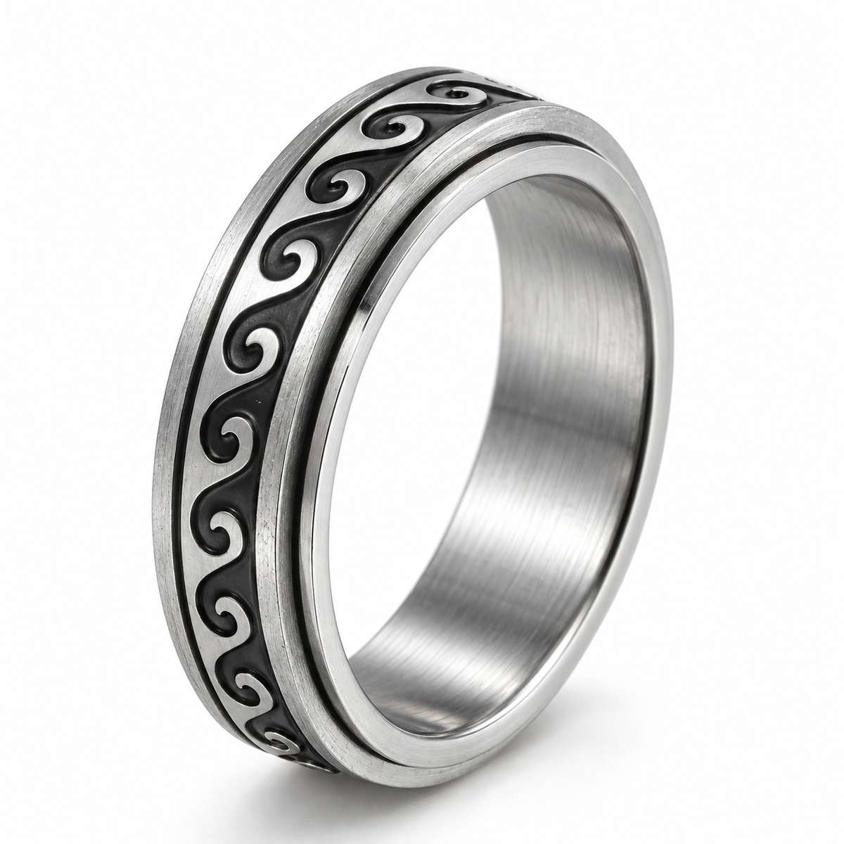 Bague anti-stress anneau tournant Vague, anneau tournant ciselé de vagues enroulées, patine sombre