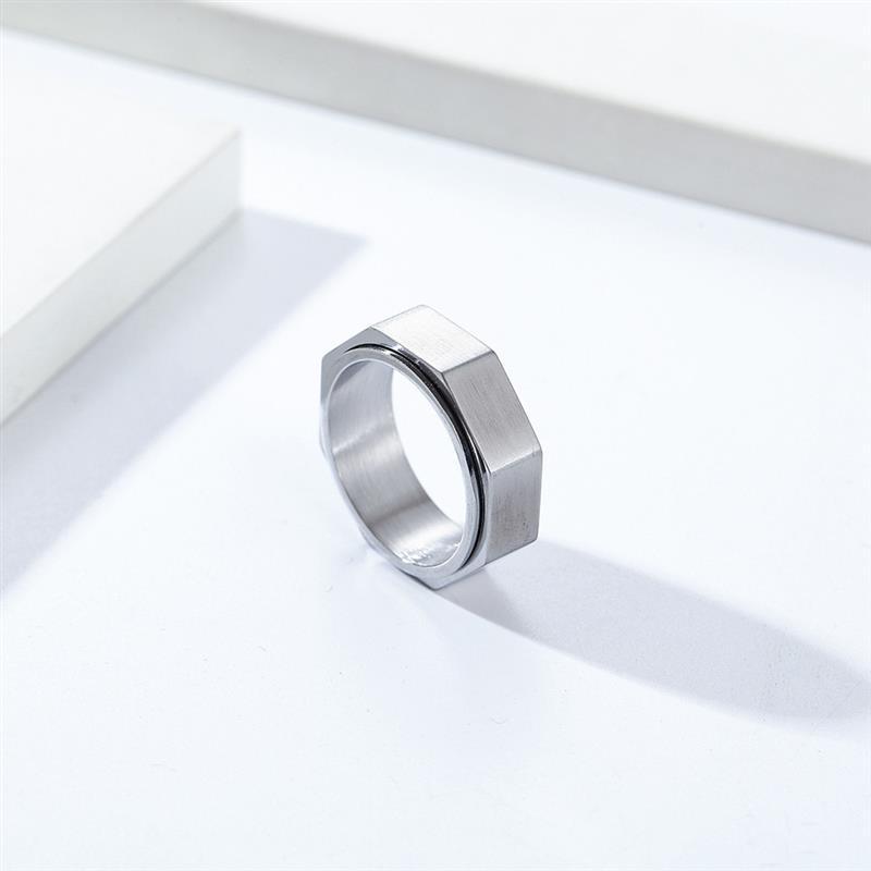 Bague anti-stress anneau tournant Vintage argentée, anneau tournant hexagonal façon écrou en acier brossé