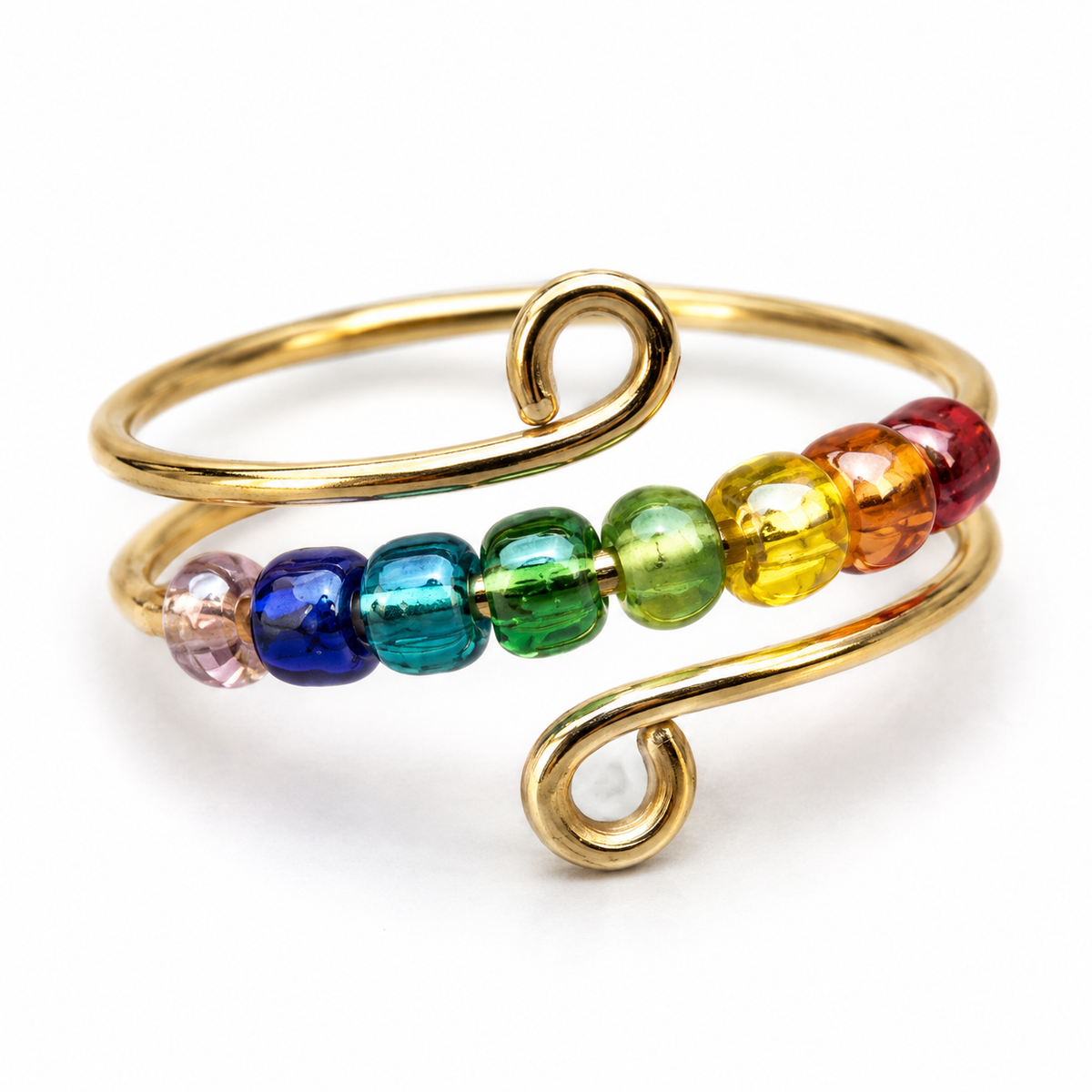 Bague anti-stress bille Arc-En-Ciel, perles de verre arc-en-ciel sur double fil à spirales