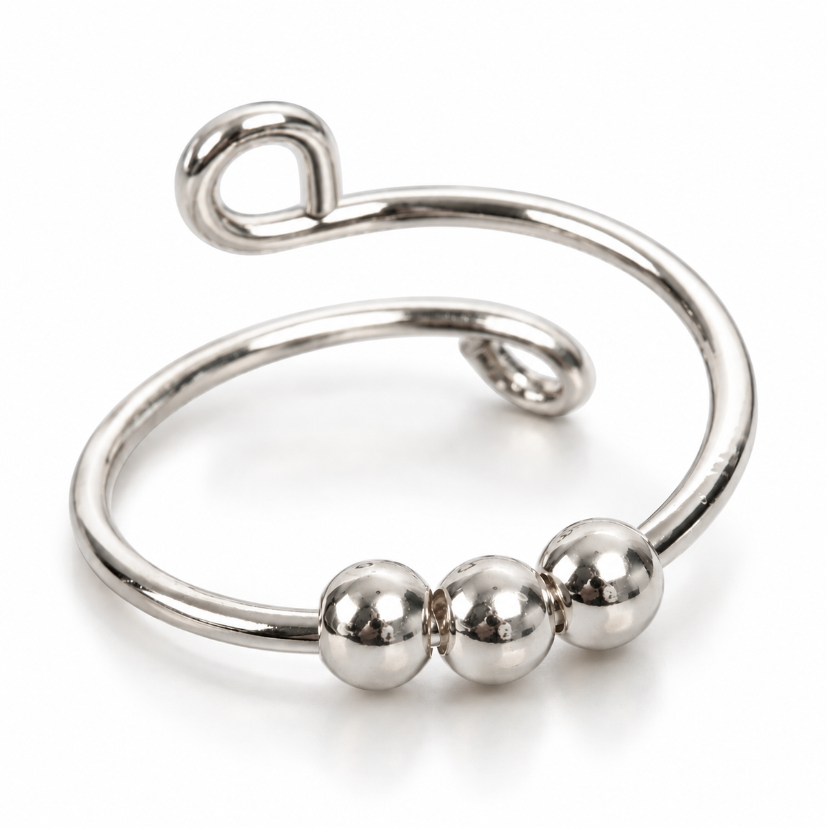 Bague anti-stress bille Cercle Design argentée, fil fin à extrémités en boucle, trois billes au centre