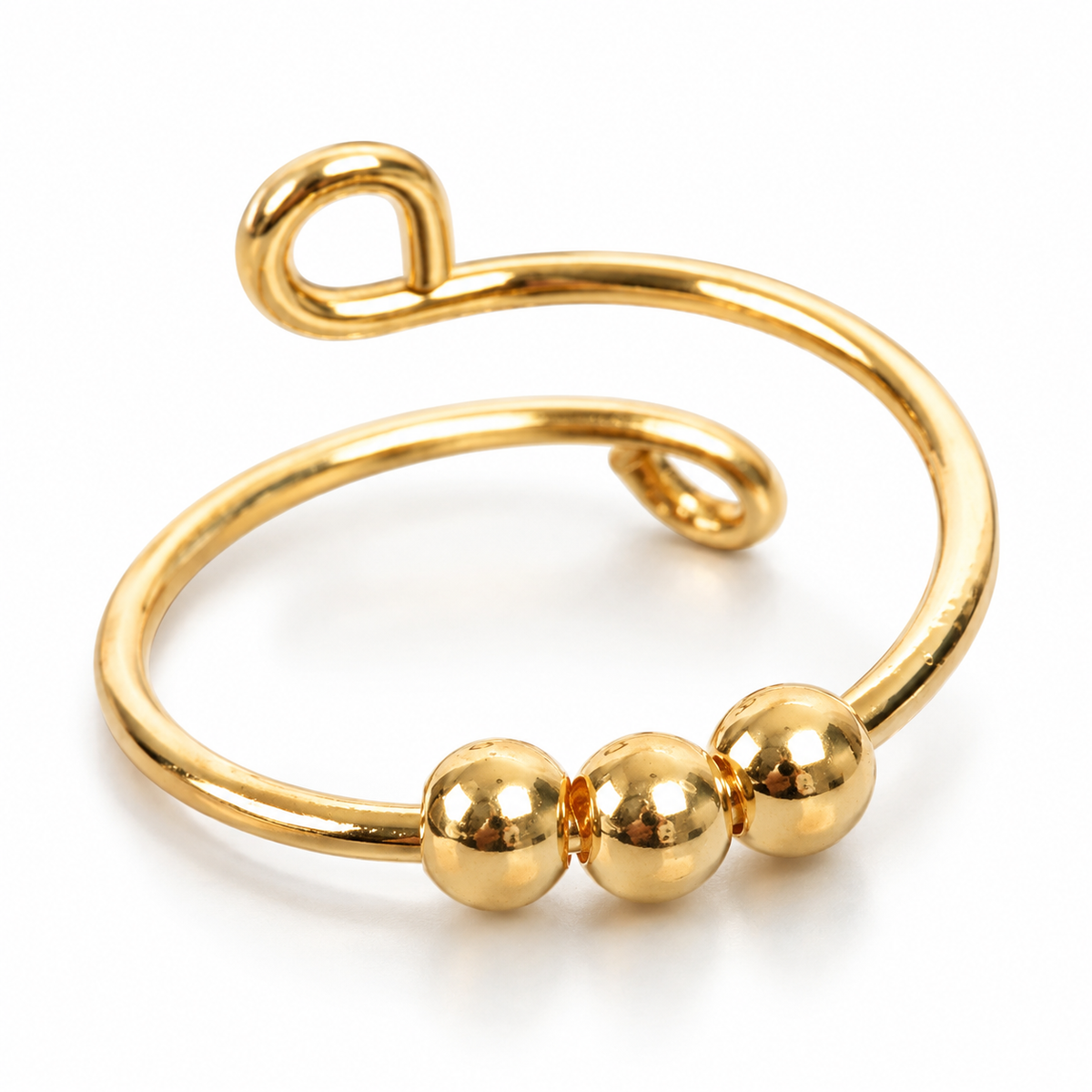 Bague anti-stress bille Cercle Design dorée, fil fin à extrémités en boucle, trois billes au centre
