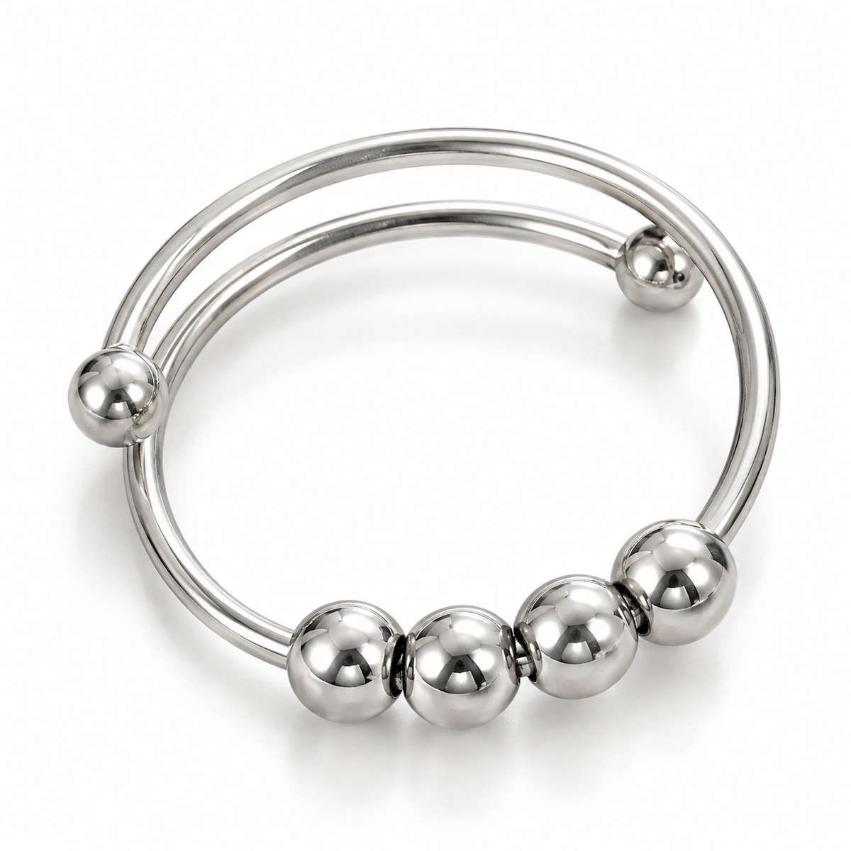 Bague anti-stress bille Cercle Simple argentée, double jonc fin à quatre billes, extrémités boules