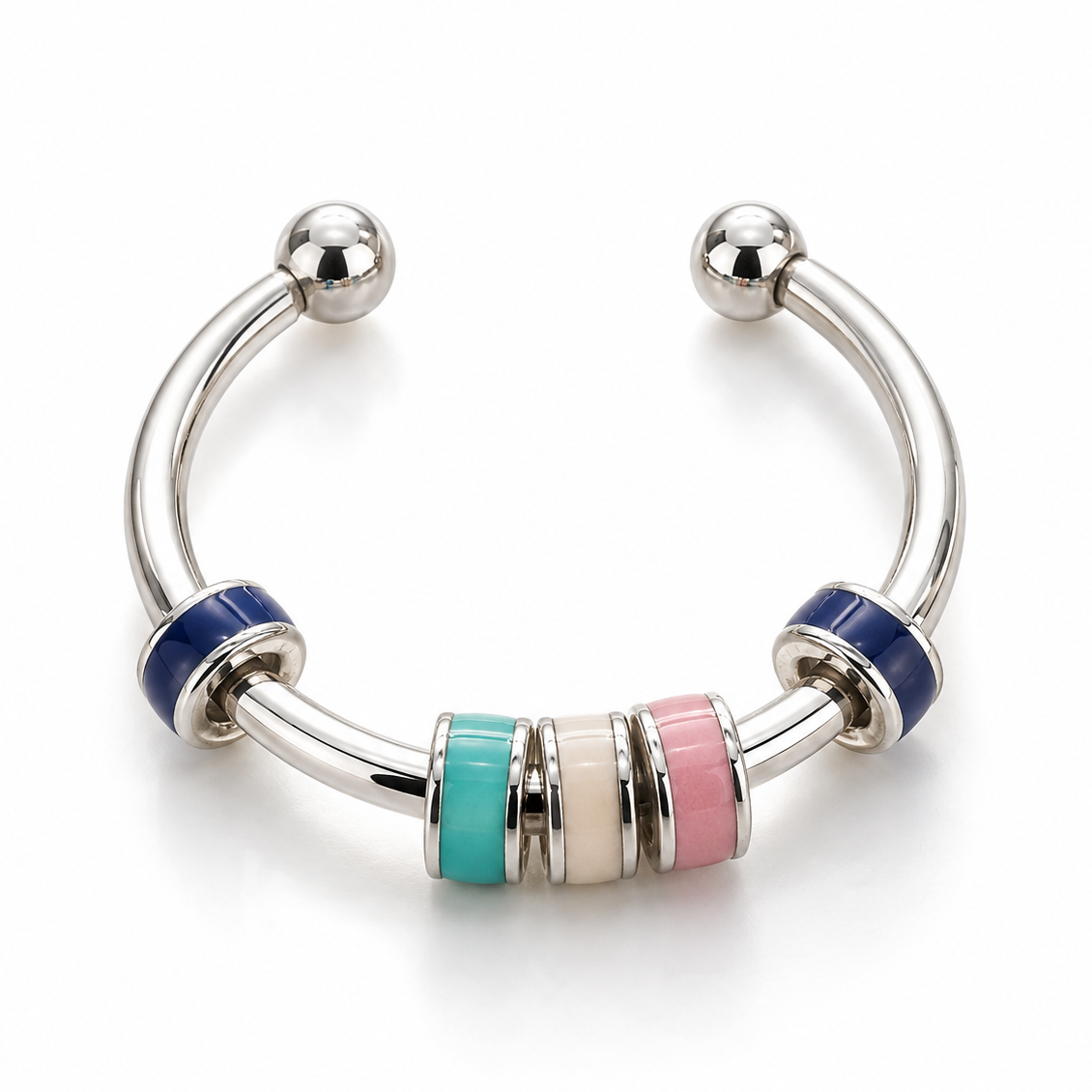 Bague anti-stress bille Colorée, jonc ouvert à rondelles émaillées pastel