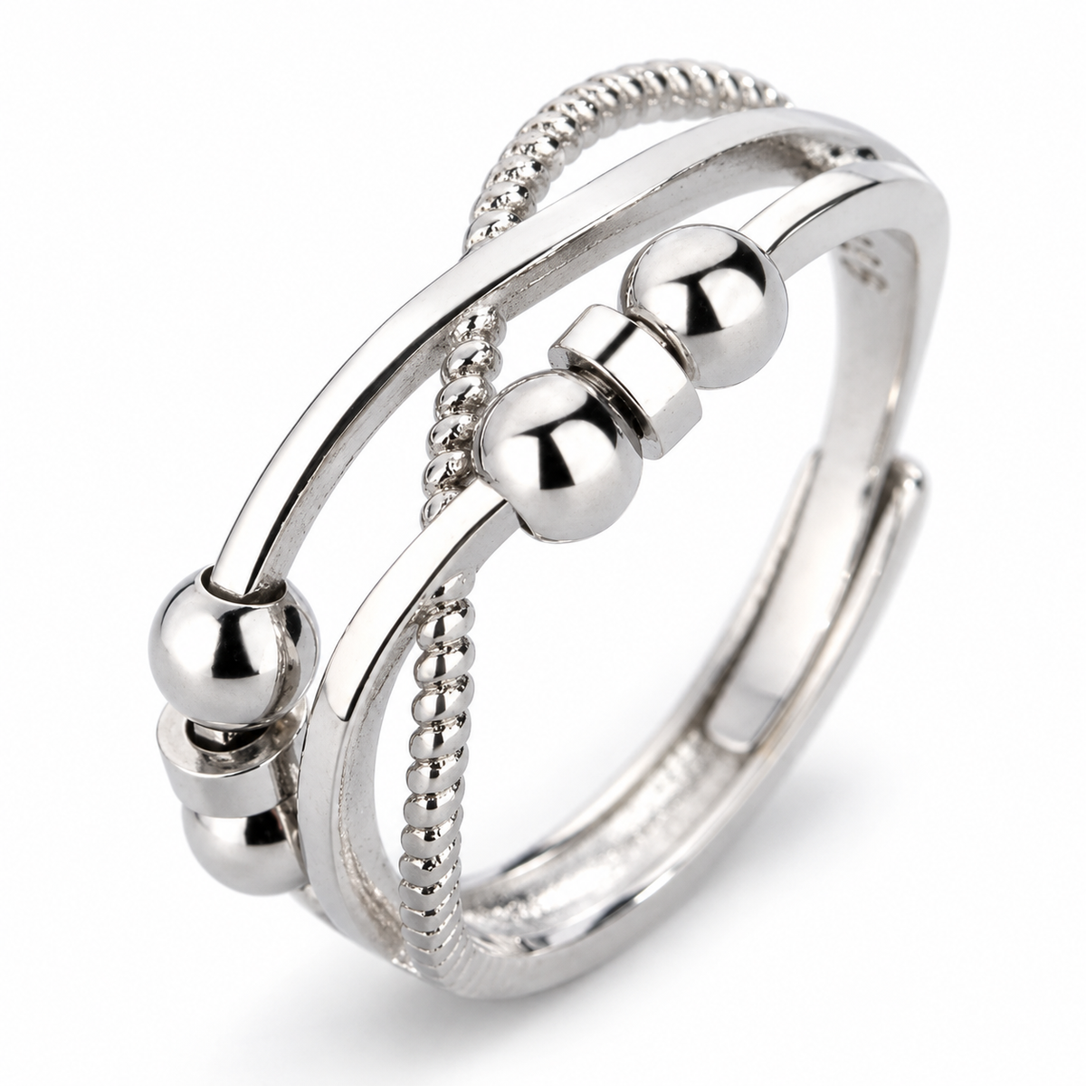 Bague anti-stress bille Croix, anneaux croisés à rang perlé, billes et rondelles mobiles