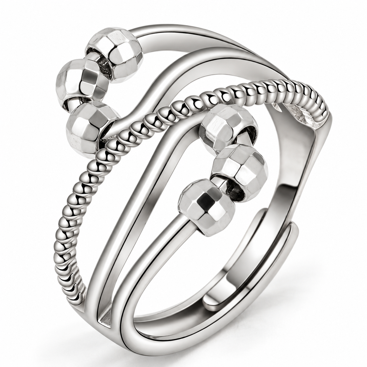 Bague anti-stress bille Dédale, rangs ondulés et perlés entrelacés, billes mobiles