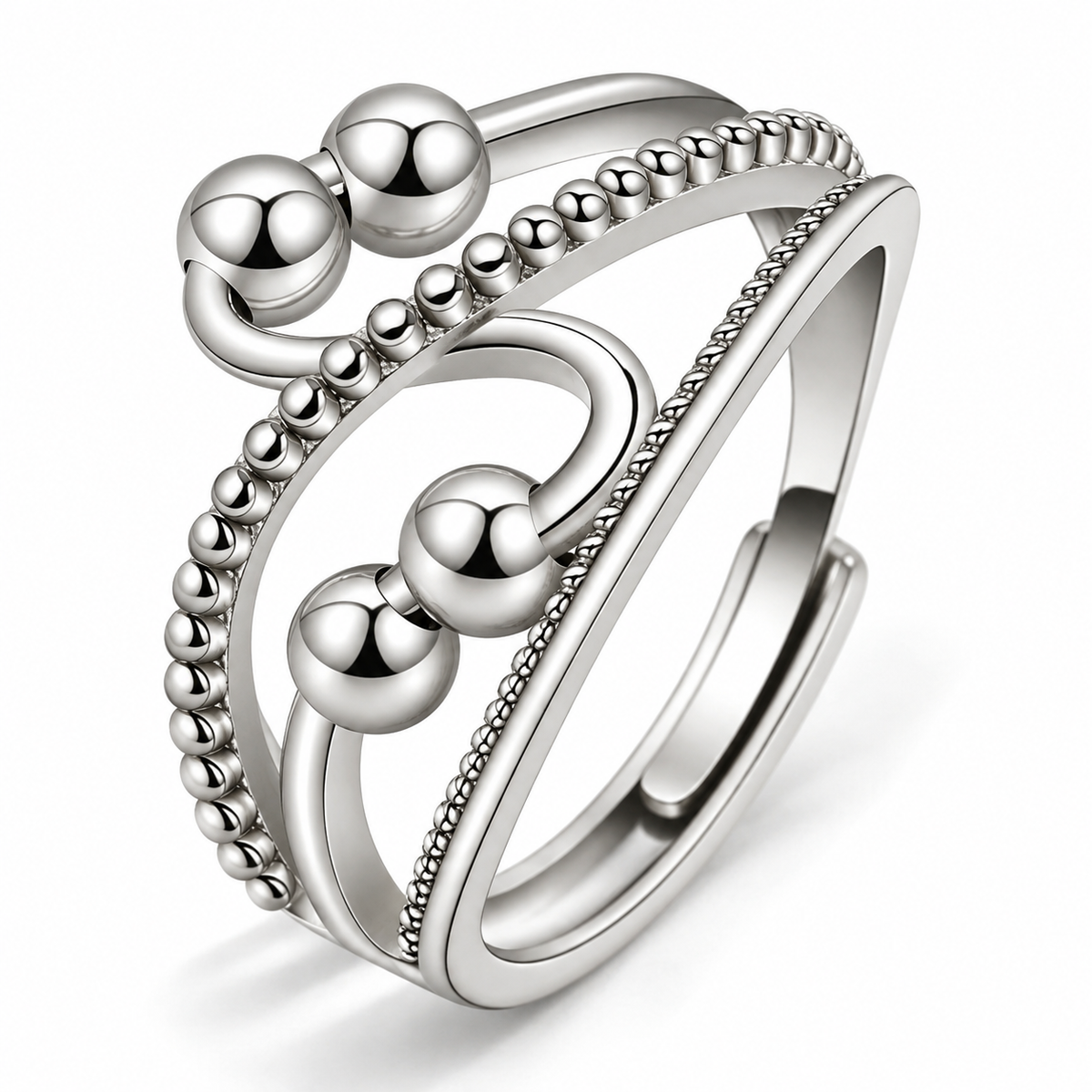 Bague anti-stress bille Dédale, rangs ondulés et perlés entrelacés, billes mobiles