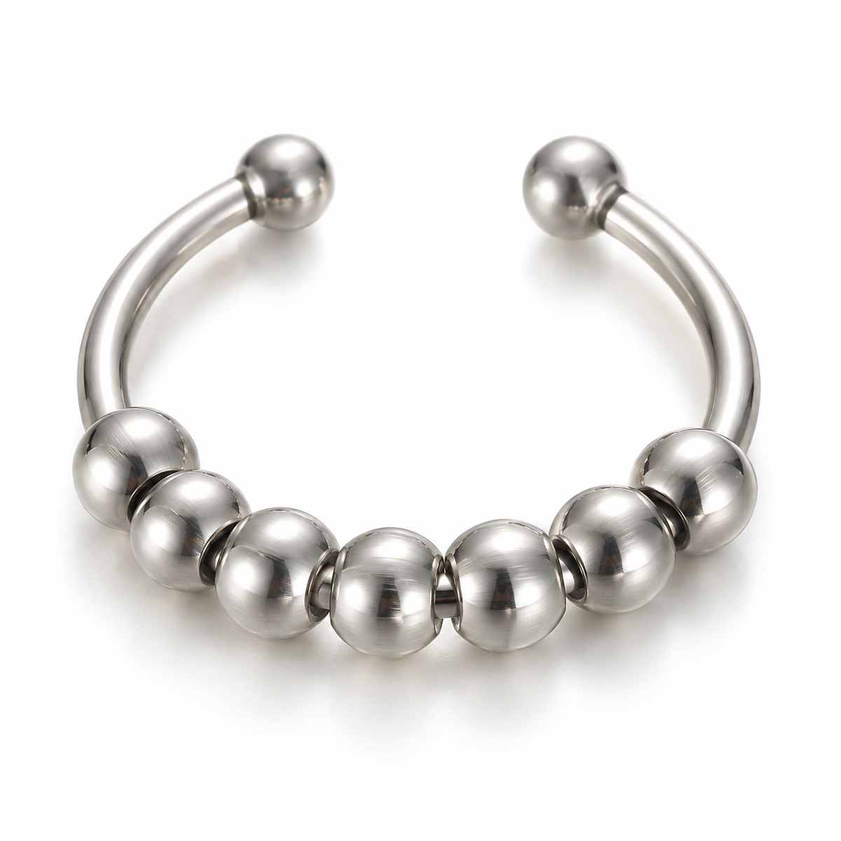 Bague anti-stress bille Demi-Cercle argentée, jonc ouvert à extrémités boules garni de huit billes