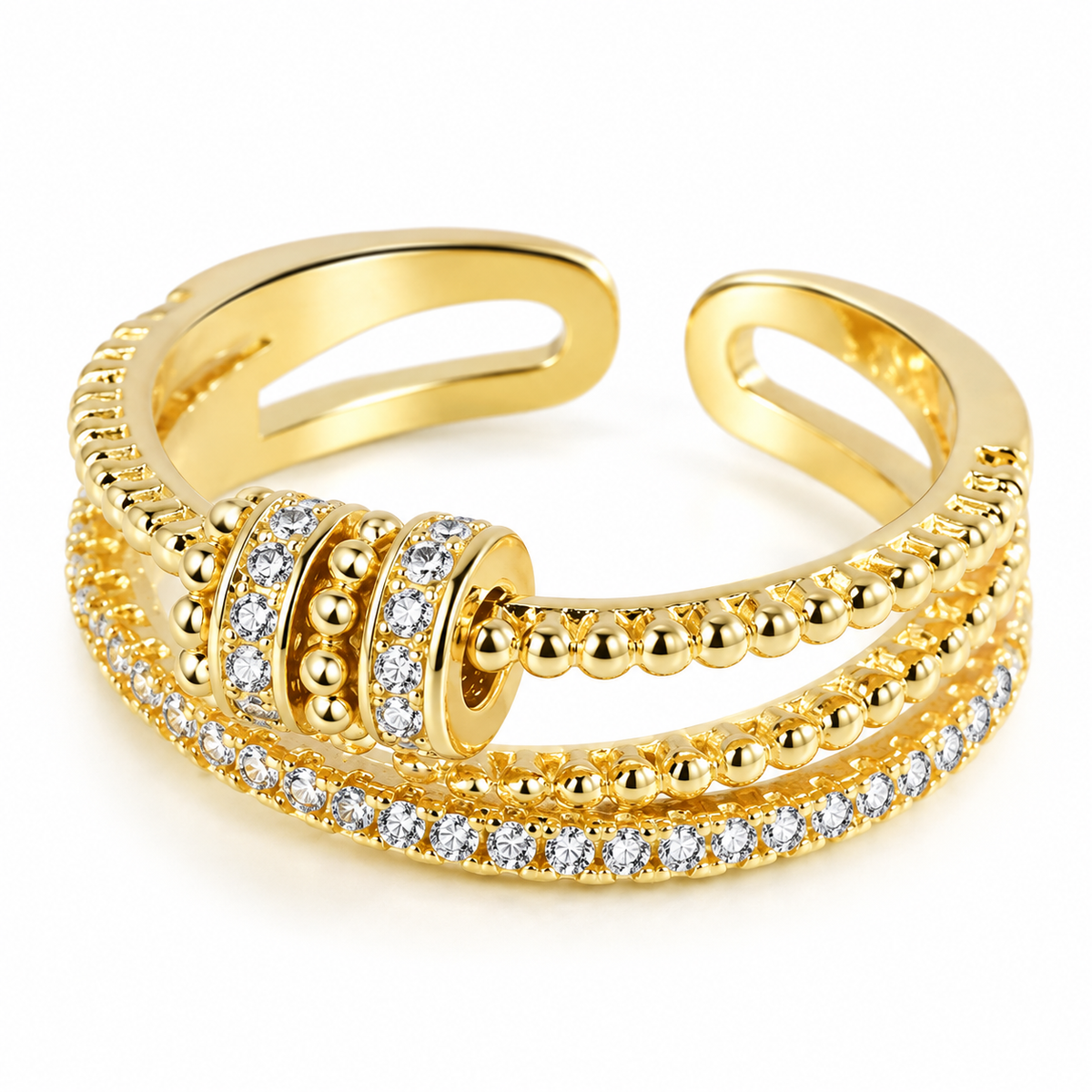 Bague anti-stress bille Éclat dorée, triple anneau à rang pavé, rangs perlés et anneaux mobiles sertis
