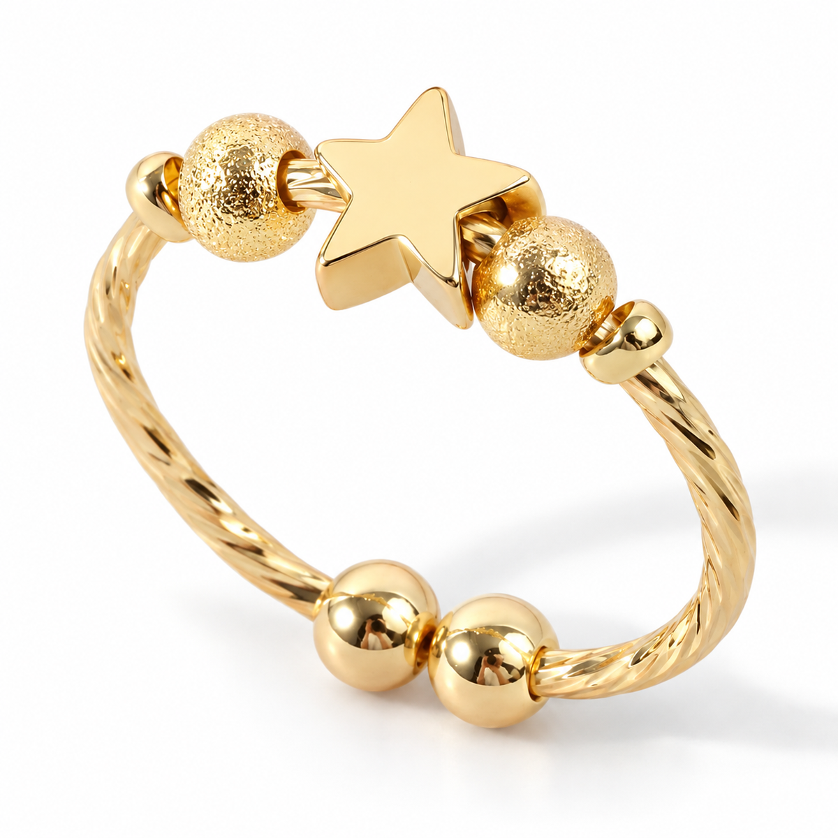 Bague anti-stress bille Étoile dorée, étoile et billes sablées sur jonc torsadé