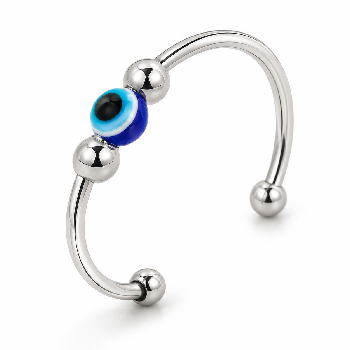 Bague anti-stress bille Mauvais Œil, perles œil bleu sur jonc ouvert à extrémités boules