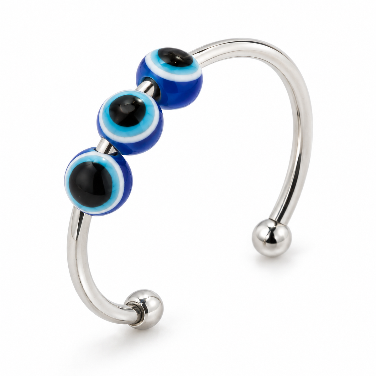 Bague anti-stress bille Mauvais Œil, perles œil bleu sur jonc ouvert à extrémités boules