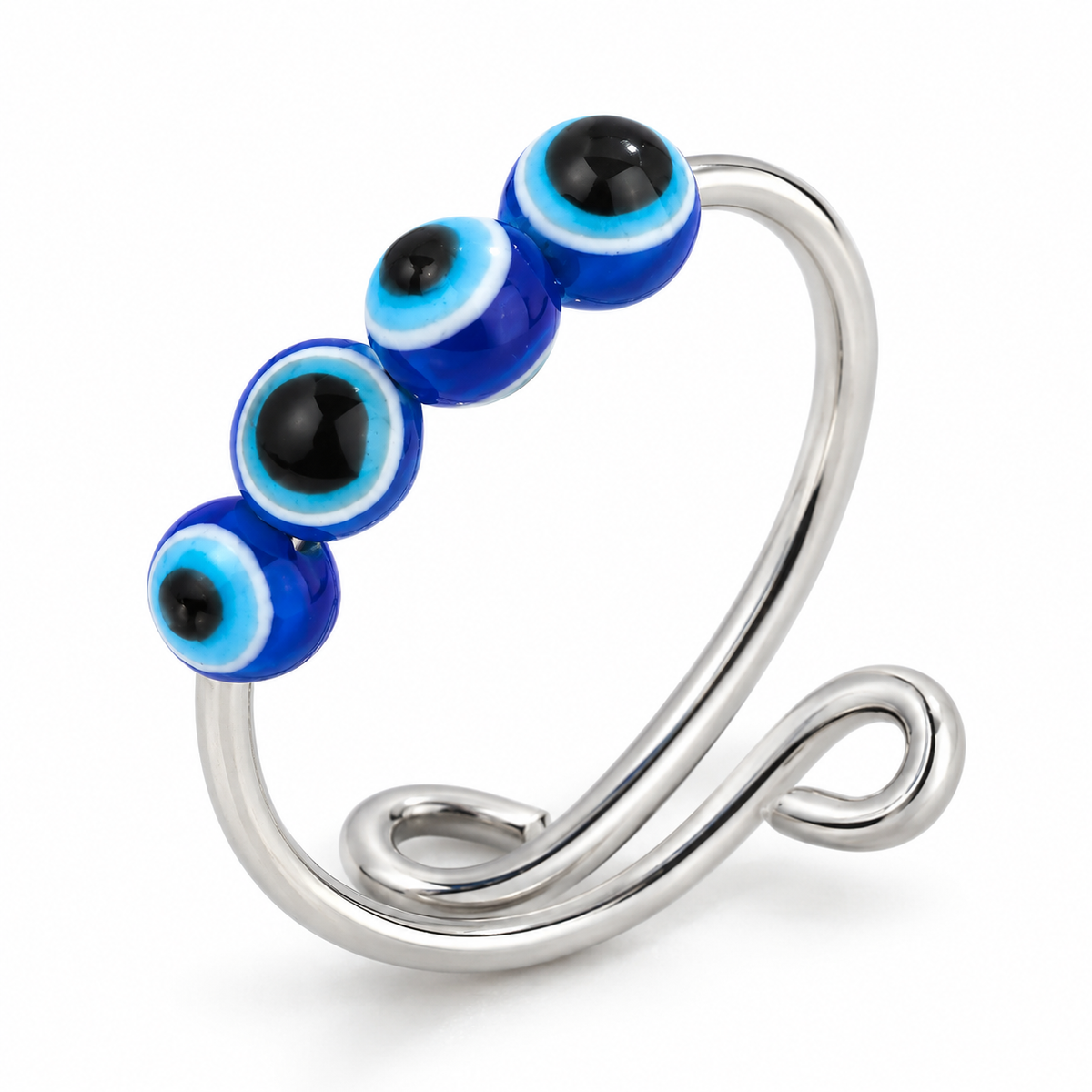 Bague anti-stress bille Mauvais Œil, perles œil bleu sur jonc ouvert à extrémités boules