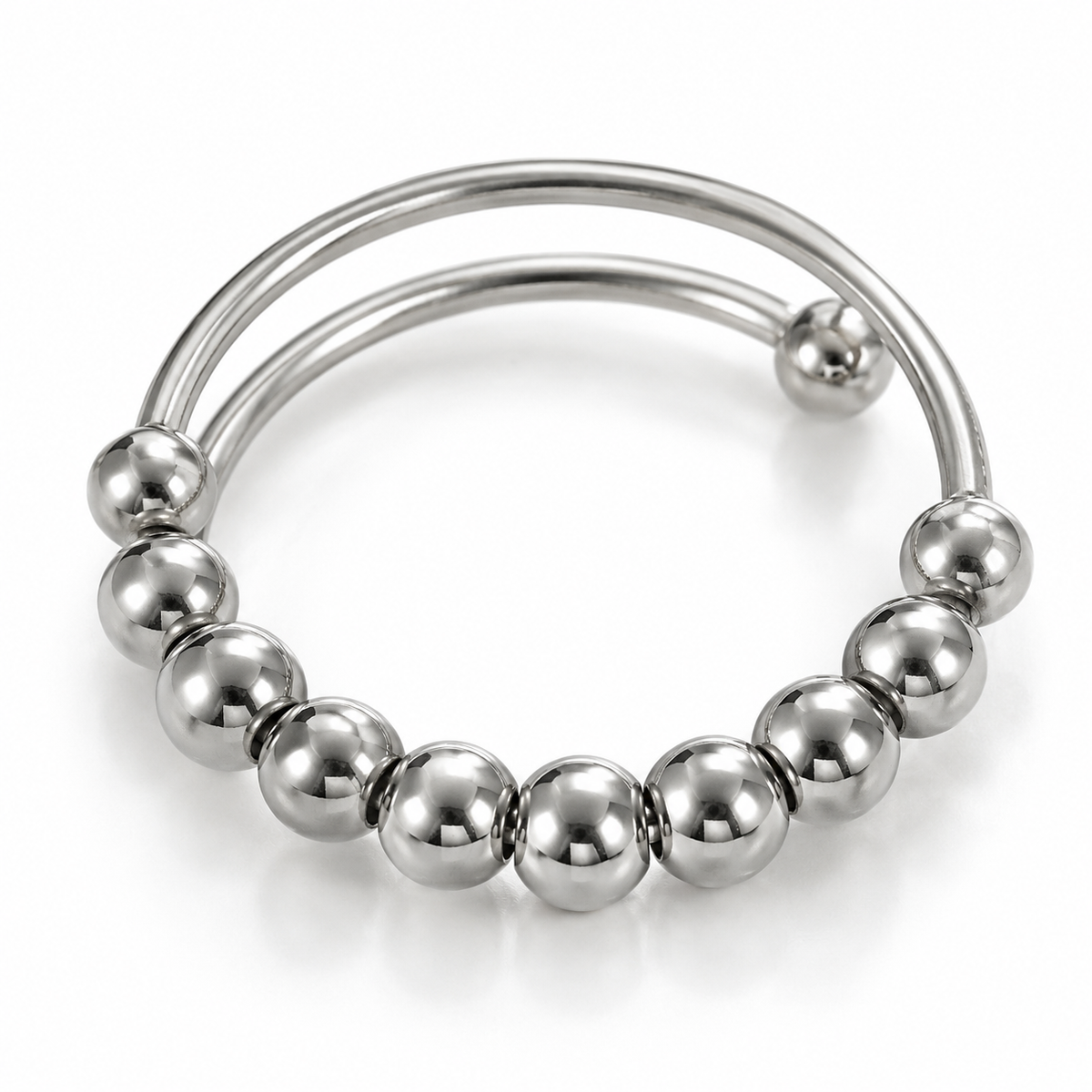 Bague anti-stress bille Minimaliste argentée, double jonc garni d’une rangée de billes