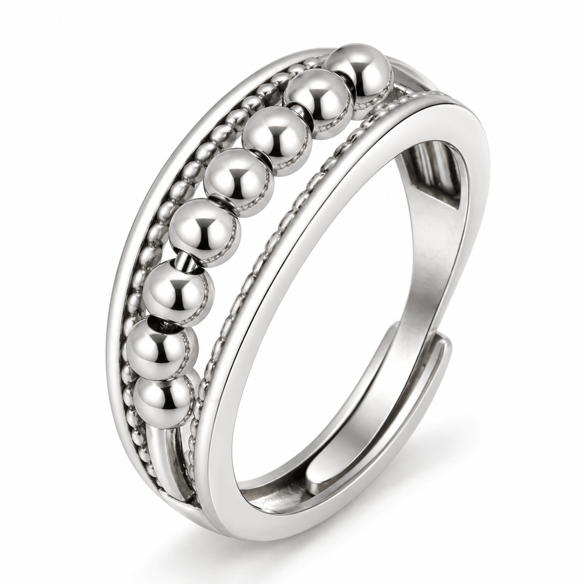 Bague anti-stress bille Perlé Centré, anneau large ciselé avec rangée centrale de billes