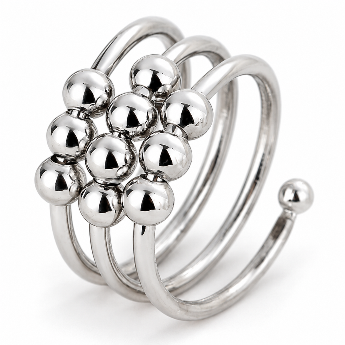 Bague anti-stress bille Tourbillon, spirale à quatre tours garnie d’une grappe de billes argentées
