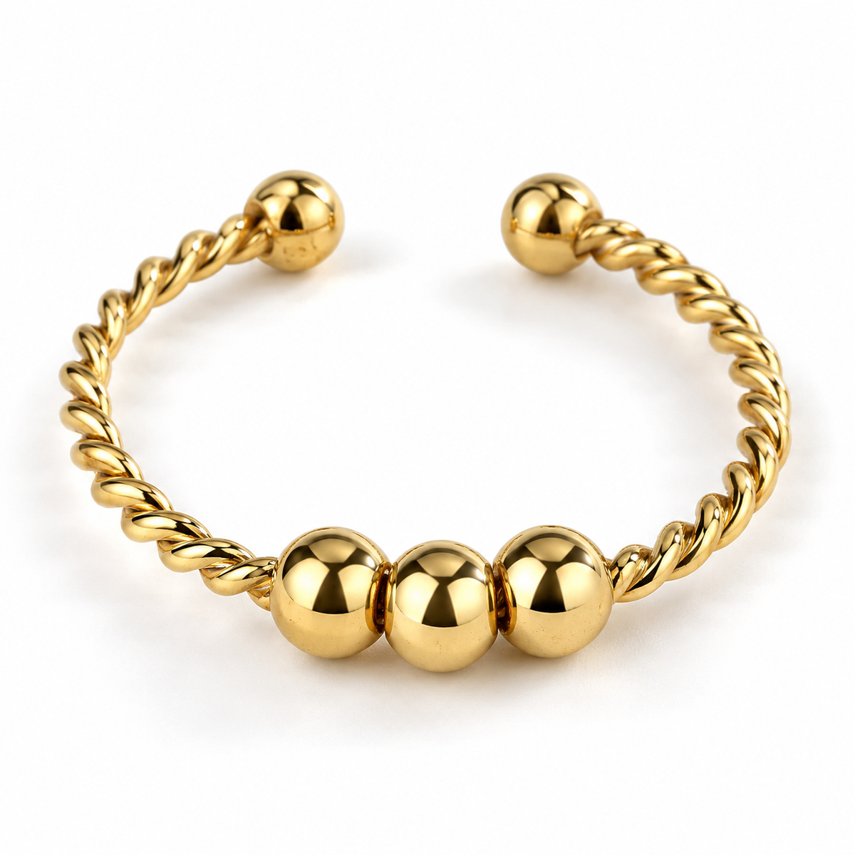 Bague anti-stress bille Tressé dorée, jonc torsadé à extrémités boules, trois billes