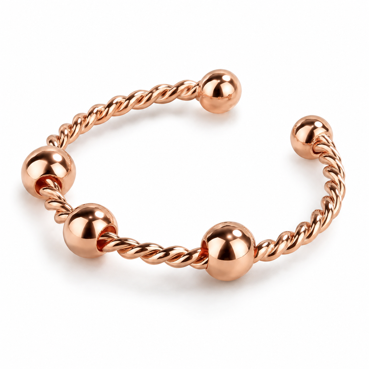 Bague anti-stress bille Tressé rose gold, jonc torsadé à extrémités boules, trois billes