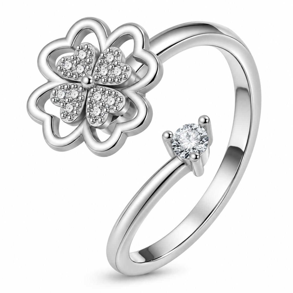 Bague anti-stress rotative Pétale d'Amour argentée, fleur de quatre pétales en cœur sertis de petites pierres