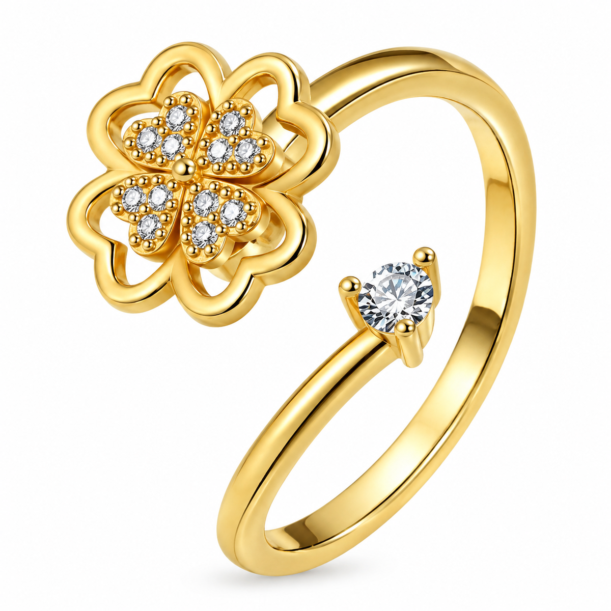Bague anti-stress rotative Pétale d'Amour dorée, fleur de quatre pétales en cœur sertis de petites pierres