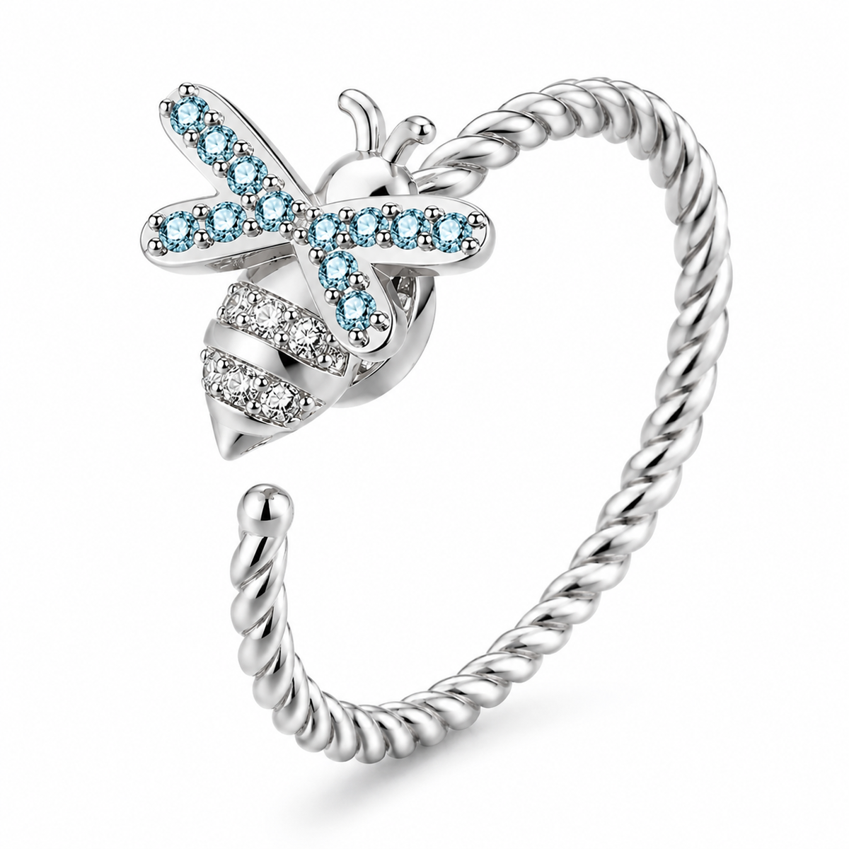 Bague anti-stress rotative Abeille argentée, abeille aux ailes de pierres bleu ciel, anneau torsadé