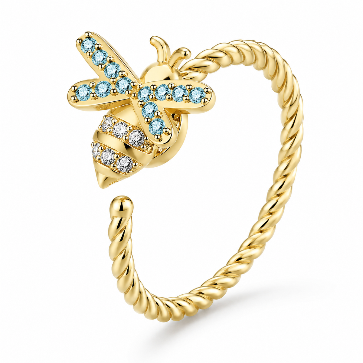 Bague anti-stress rotative Abeille dorée, abeille aux ailes de pierres bleu ciel, anneau torsadé