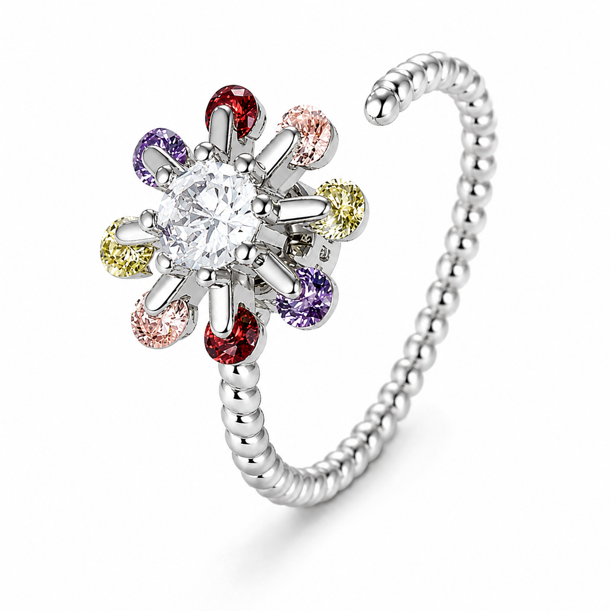 Bague anti-stress rotative Amas argentée, étoile de pierres multicolores autour d’une pierre claire, anneau torsadé