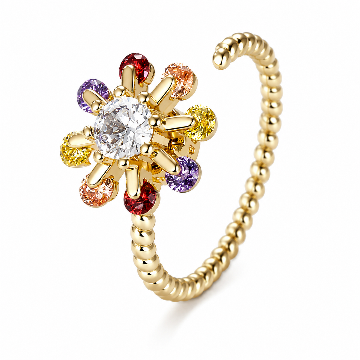 Bague anti-stress rotative Amas dorée, étoile de pierres multicolores autour d’une pierre claire, anneau torsadé