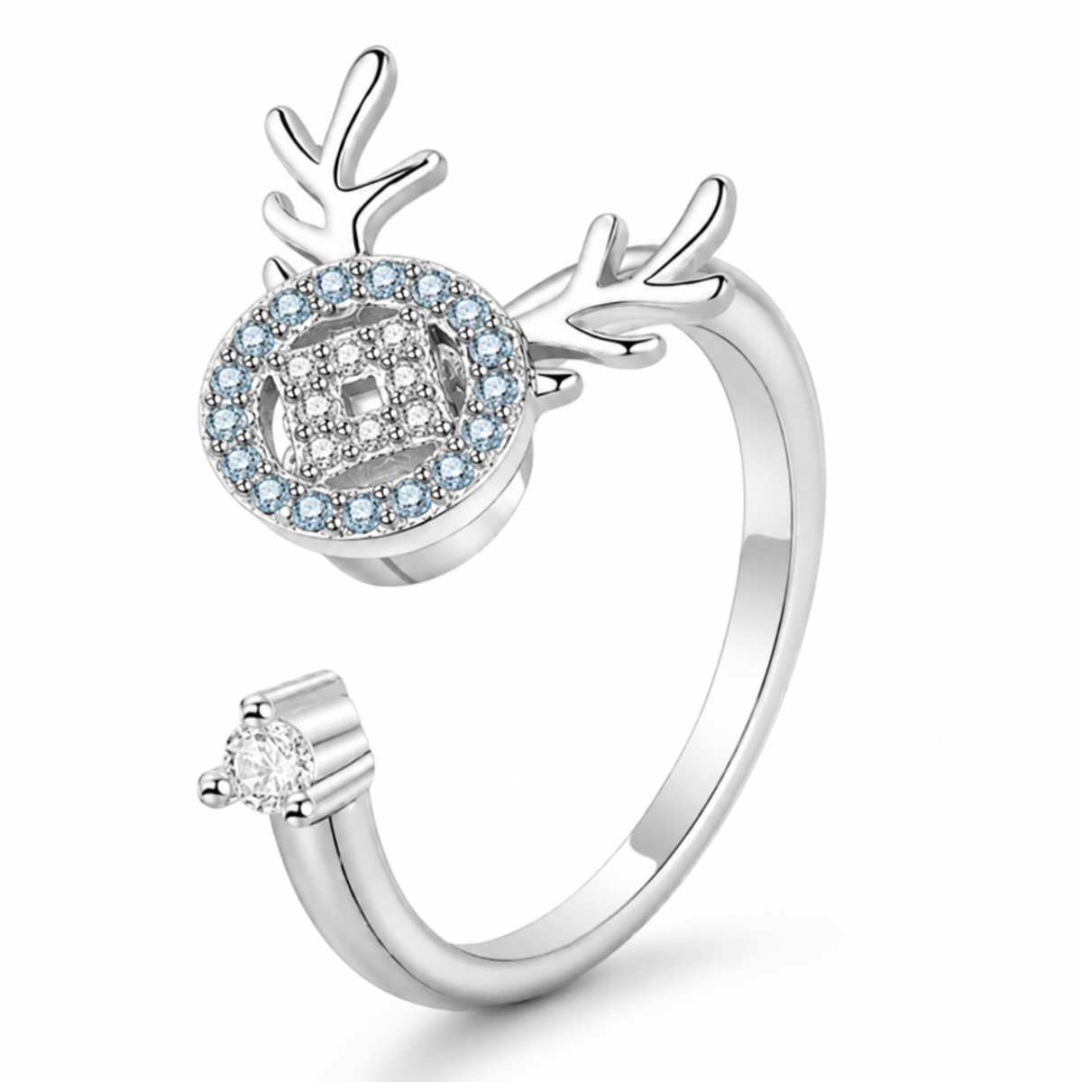 Bague anti-stress rotative Cerf argentée, médaillon pavé surmonté de bois de cerf