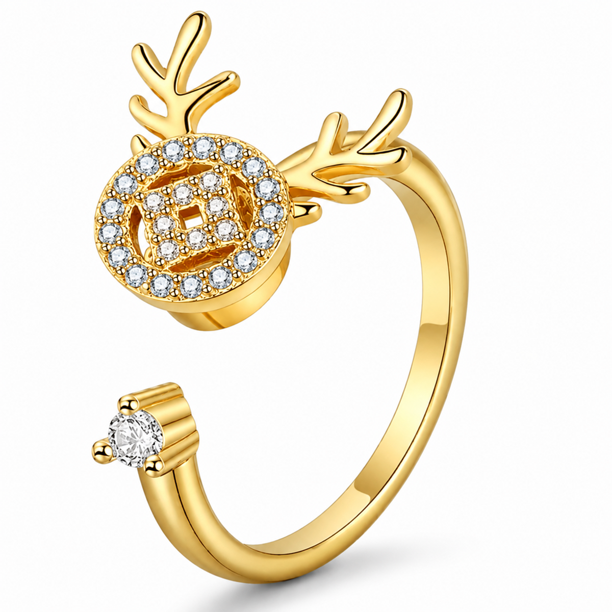 Bague anti-stress rotative Cerf dorée, médaillon pavé surmonté de bois de cerf