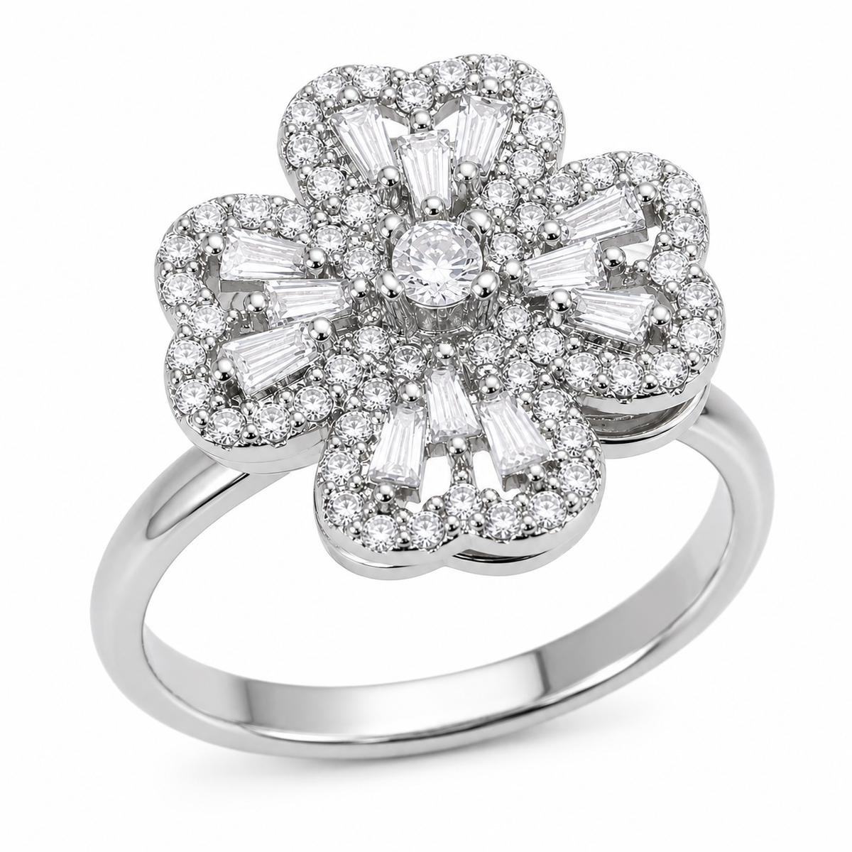 Bague anti-stress rotative Cœur Fleuri argentée, fleur aux pétales en cœur sertie de pierres baguette