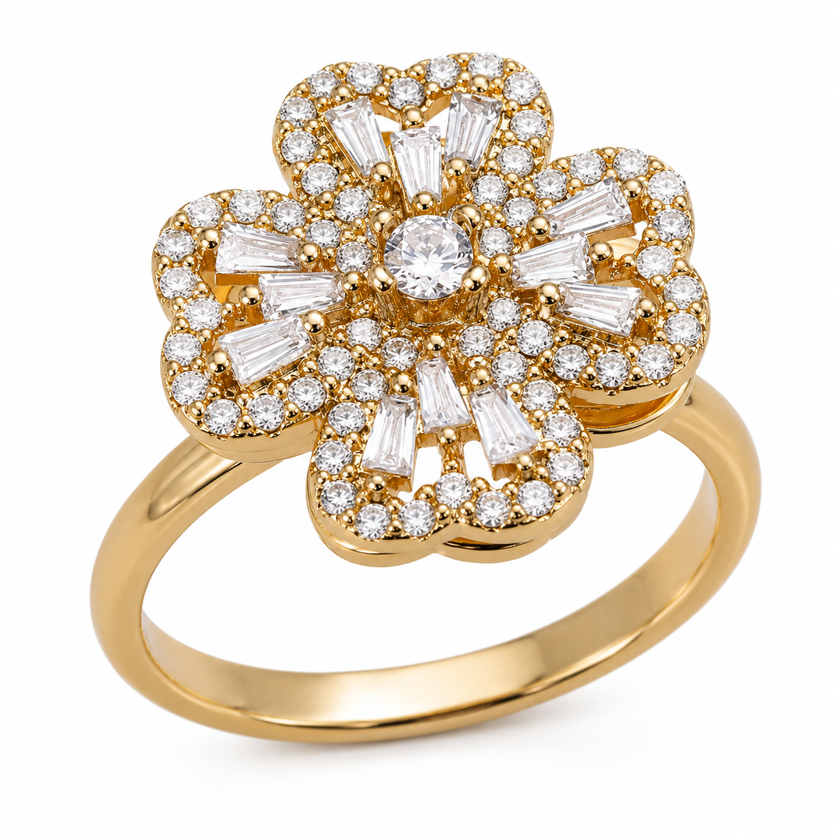 Bague anti-stress rotative Cœur Fleuri dorée, fleur aux pétales en cœur sertie de pierres baguette