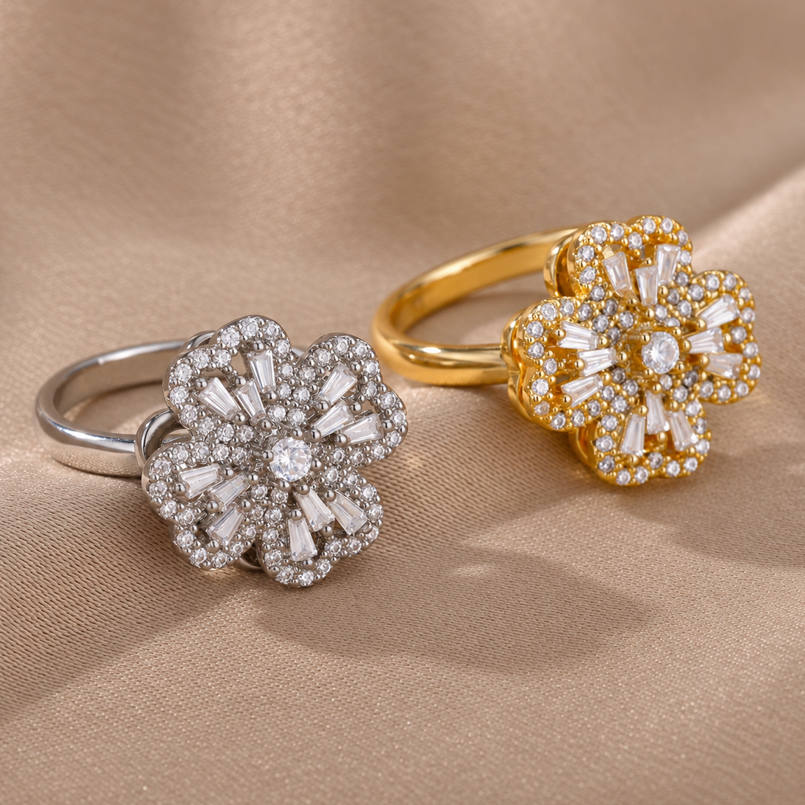 Bague anti-stress rotative Cœur Fleuri, fleur aux pétales en cœur sertie de pierres baguette, dans tous ses coloris
