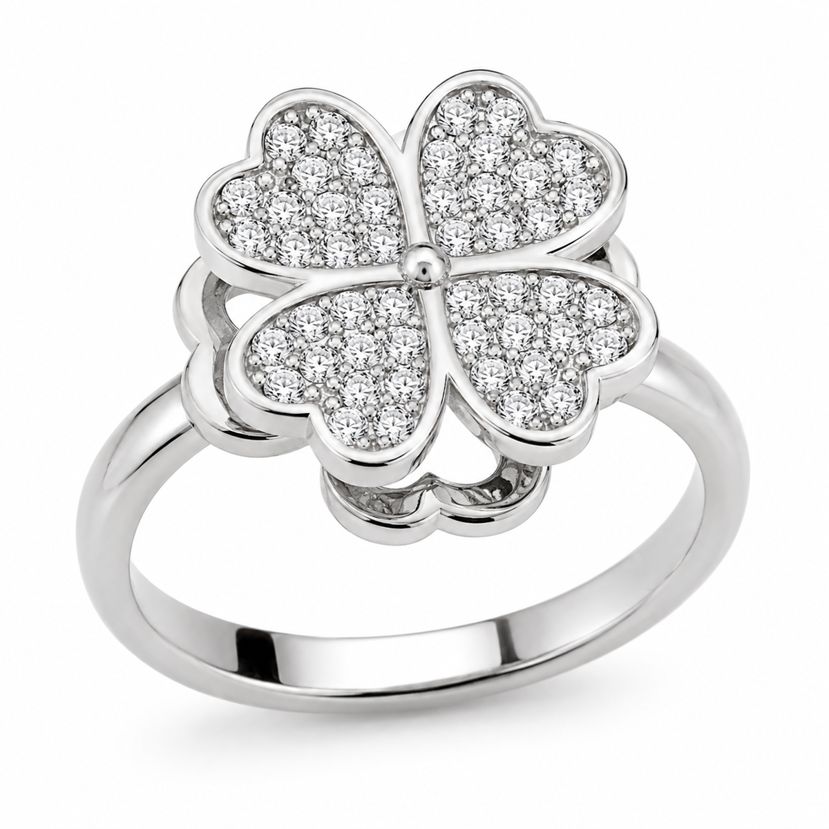 Bague anti-stress rotative Cœur Florale argentée, fleur de quatre cœurs pavés de petites pierres